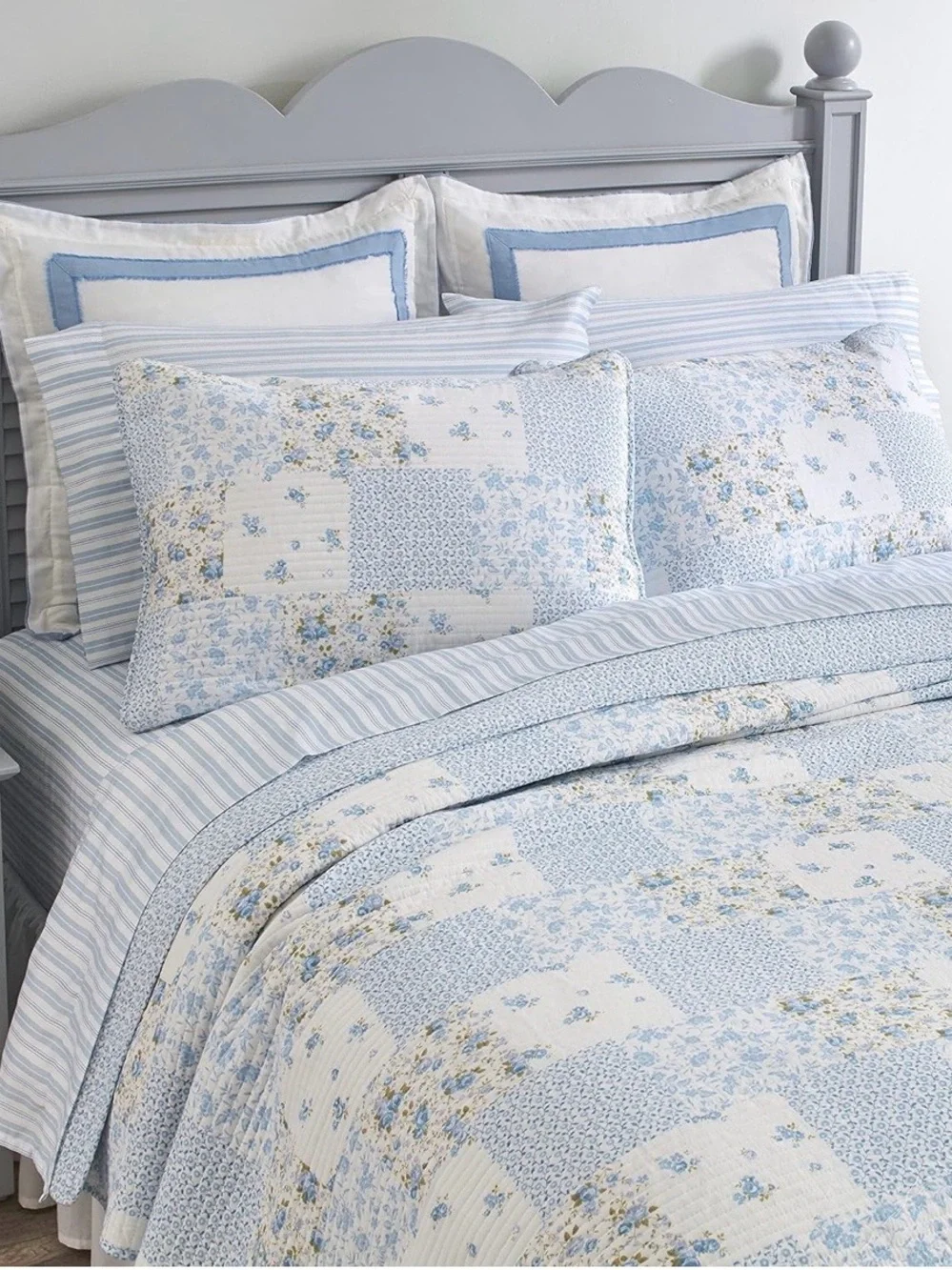 Laura Ashley Light Blue Floral Patchwork Quilt Set - Classic Home Bedding Queen